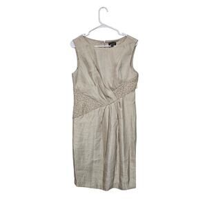 NWT Adrianna Papell Satin Sheath Gold Beaded Pleated Cocktail Dress Sz 10 Medium